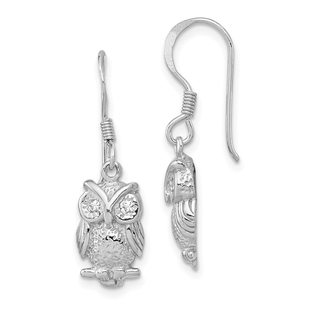 Million Charms 925 Sterling Silver Rhodium-plated CZ Owl Shepherd Hook Earrings